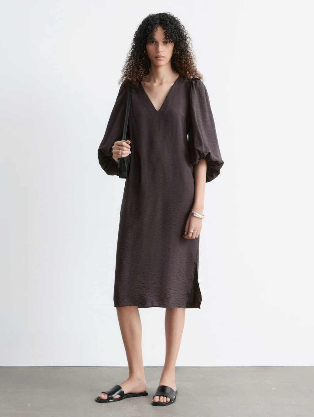 NWT & Other Stories Chocolate Brown V-Neck Midi Dress with Balloon Sleeves - Picture 2 of 15